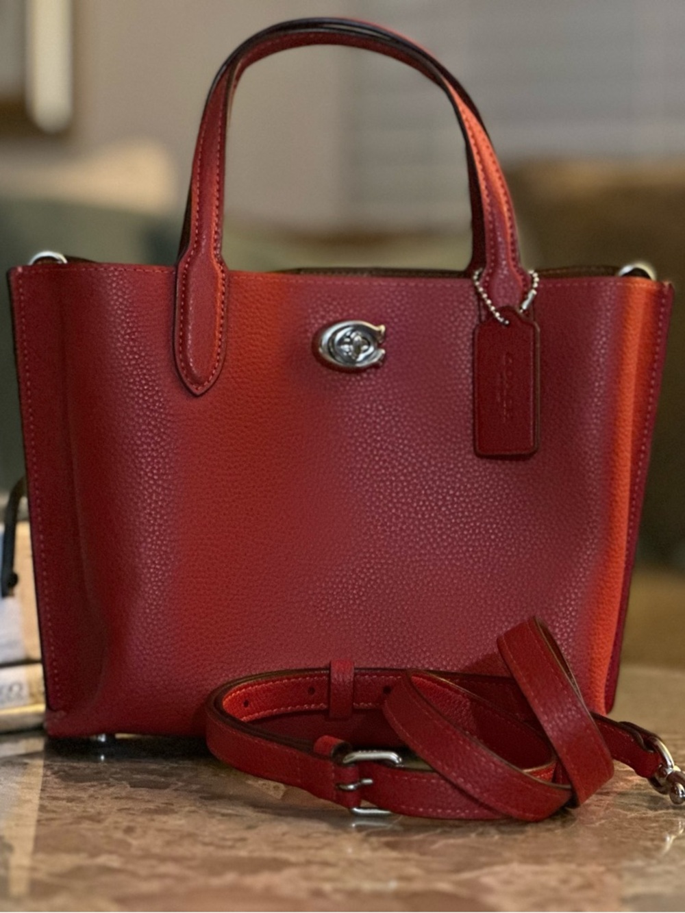 Coach Red Pebbled Leather Tote with Shoulder Strap MINI - Picture 2 of 16